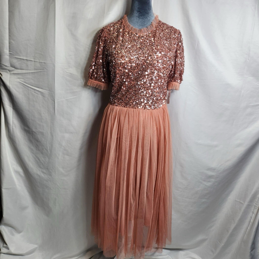 Maya Deluxe Bridesmaid Delicate Sequin Puff Sleeve Midi Dress Terracotta Pink 8